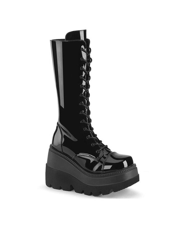 Demonia Shoes - Size 10 NEW  Shaker 72 Black Patent 4.5" Wedge Platform Mid Calf Goth Pu…